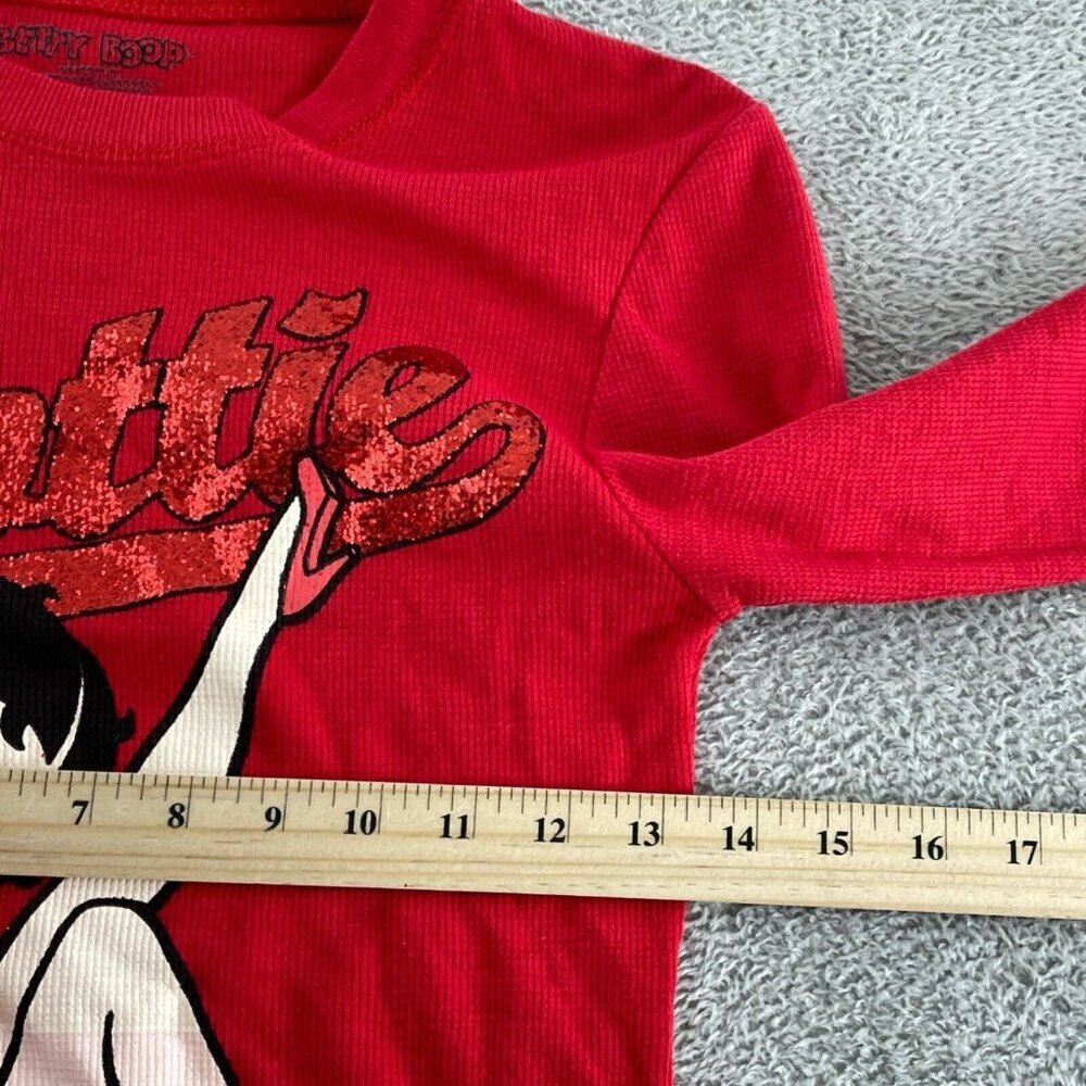 Betty Boop Junior Red Long Sleeve Thermal Top With Glitter "Hottie" Graphic 1457 - Picture 6 of 8